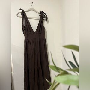 House of Harlow 1960 Chocolate Linen Plunge Maxi Dress